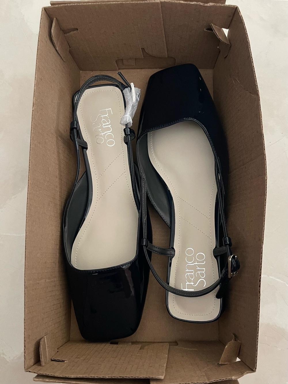 Franco Sarto Black Patent Slingback Flats with Square Toe